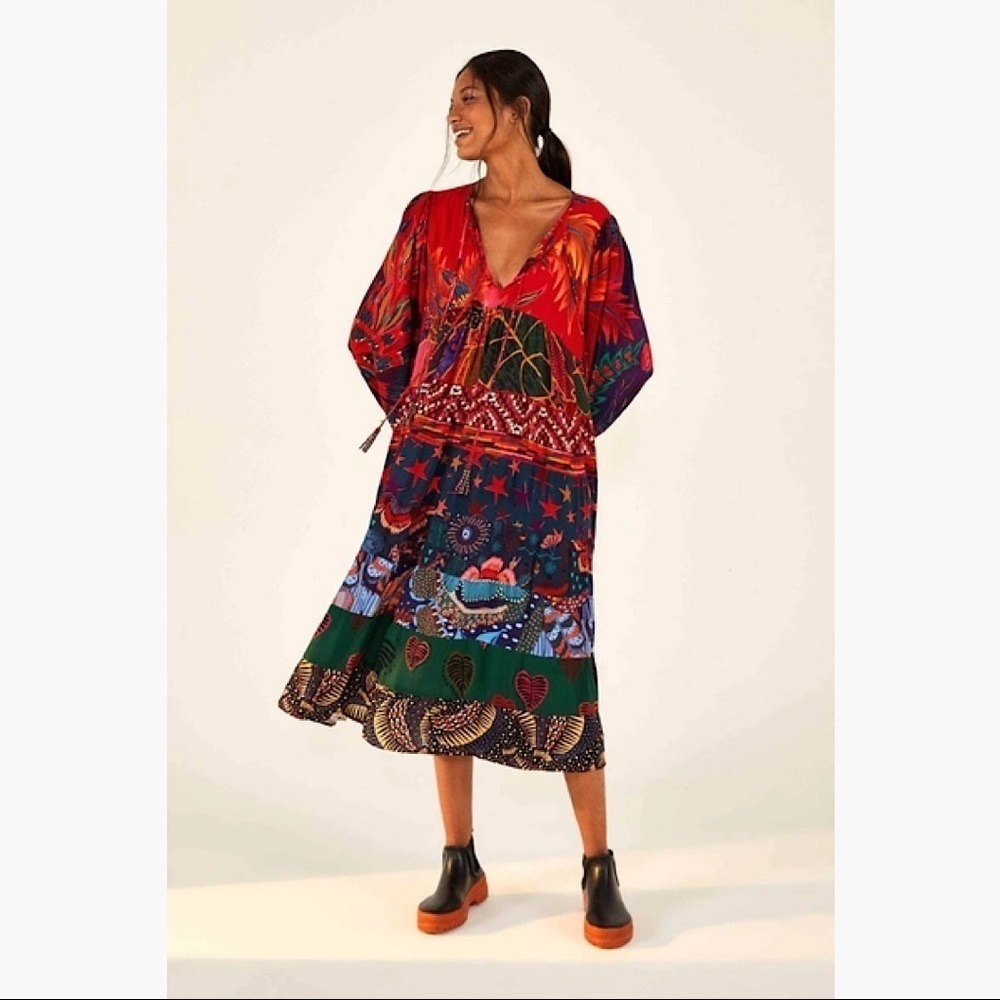 NWT Farm Rio Mixed Print Tunic Midi Dress Size XS Long Sleeves Tassels Boho